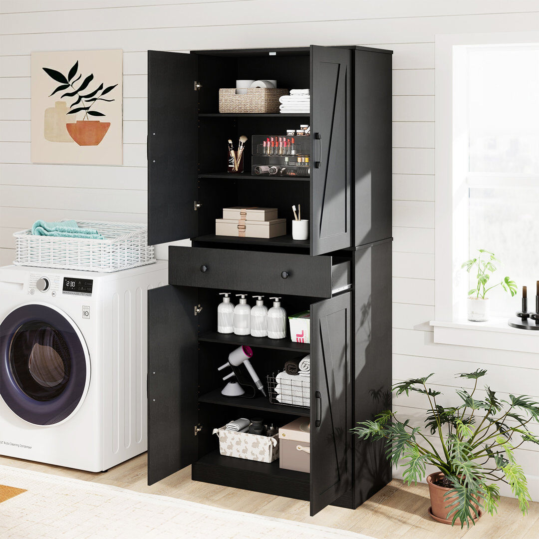 17 Stories 183Cm Tall Kitchen Pantry Farmhouse Cupboard Cabinet With Drawer Black 183cm H X 77cm W X 39cm D