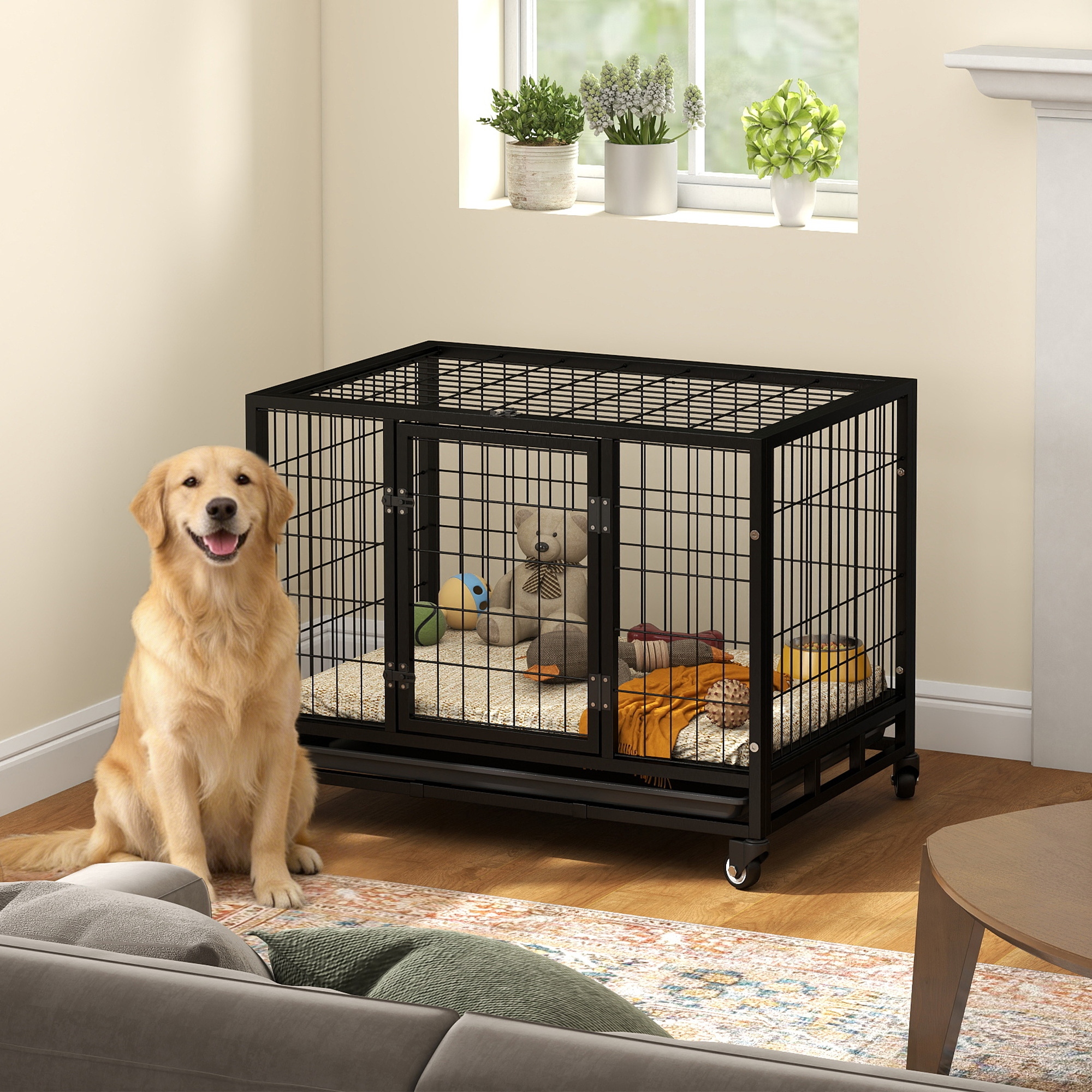 Pawhut Gabbia Box per Cani Cuccioli da Interno Esterno con Rotelle 92×62×75cm Aosom