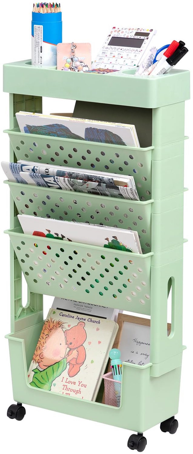 DOEWORKS Mobiele Boekenplank met Wielen, 5-laags Slanke Rollende Boekenkast en Opbergtrolley