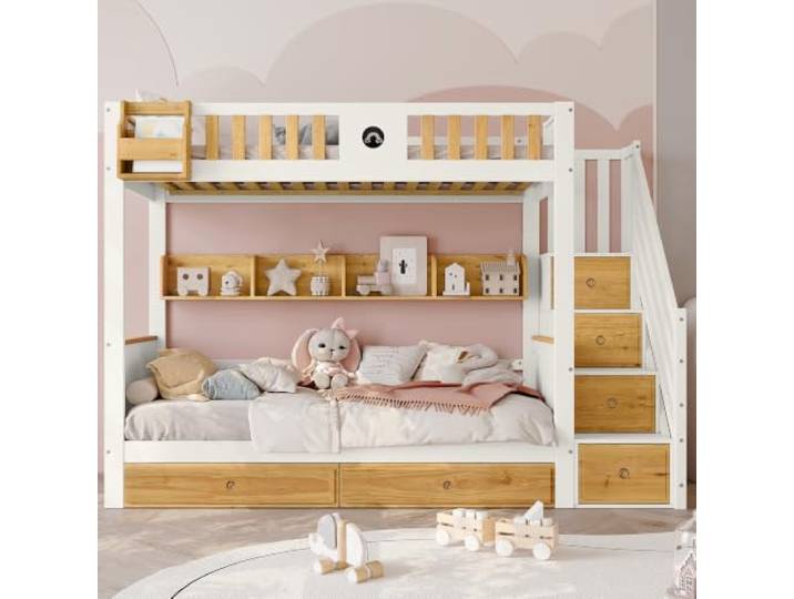 RAPRAP Kiefer-Etagenbett 90x200cm Weiß/Natur Mit Stauraumtreppe & Tafel Stabiles Hochbett Kinder Mit 4 Treppen-Schließfächern, 2 Schubladen, Offenem Regal, Fallschutzgitter & Kreativer Kreidetafel