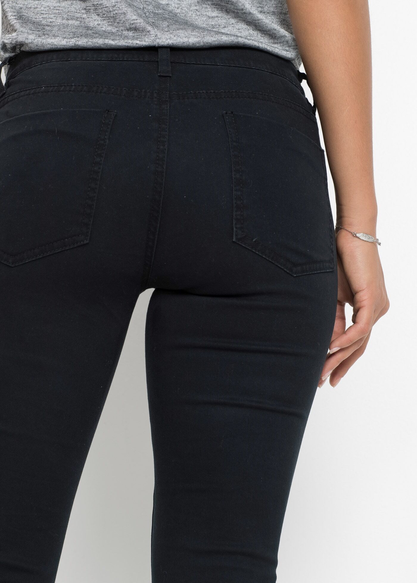 Skinny-fit-Jeans BONPRIX "Skinny-Jeans Mid Waist, cropped", Damen, Gr. 36, K-Gr, schwarz (schwarz (kurzgrösse)), Web, Obermaterial: 97% Baumwolle, 3% Elasthan, unifarben, skinny fit knöchellang, Jeans Skinny-fit-Jeans, Skinny-fit, Mid Waist, cropped Schni