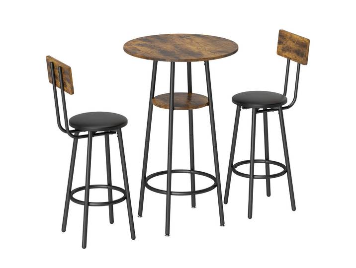 Homcom Bartisch-Set 3er Set Spanplatte Rustikal Braun Schwarz, Metall, 60x91x60 cm, Esszimmer, Barmöbel, Barschränke & Theken