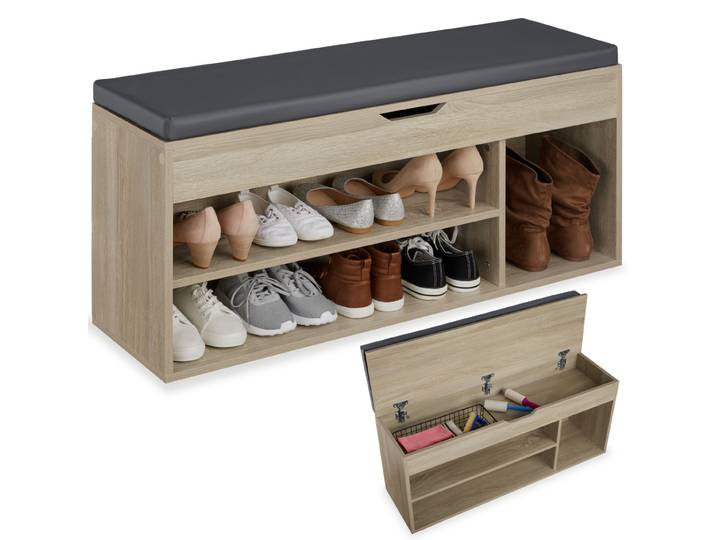 Schuhbank Natalya mit Sitzpolster 104x30x49cm - Holz hell, Eiche Sonoma