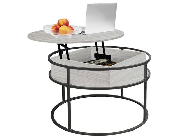 KEDIA Table Basse Relevable 60*60*47cm Avec Rangement Caché Avec Cadre Métallique Robuste Couleur bois clair + étagère noire