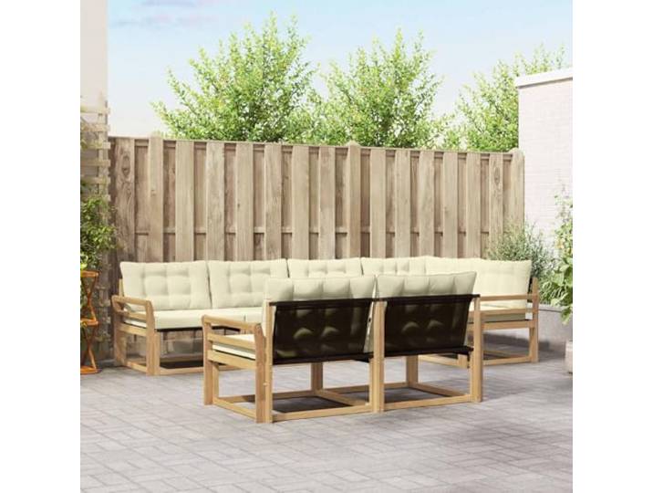 RJPLMFV Ecksofa für den Außenbereich, 7-teilig, Weiß, Akazie Rahmen aus Massivholz, Kissen aus Textilene, wasserdicht, modulares Design, pflegeleicht
