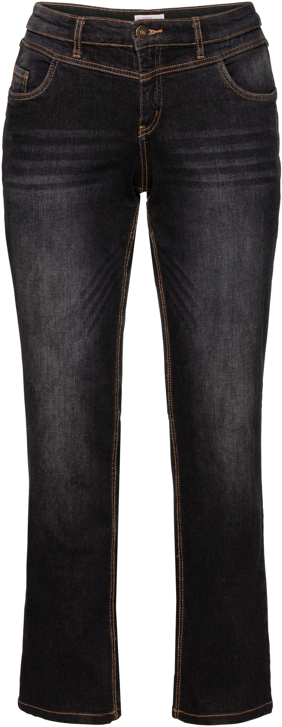 Bequeme Jeans SHEEGO "Stretch-Jeans Gerade Jeans mit Used-Effekten", Damen, Gr. 116, L-Gr, schwarz (schwarz denim), Modisch, Jeans Bequeme Jeans, »Die Gerade« mit Used-Effekten