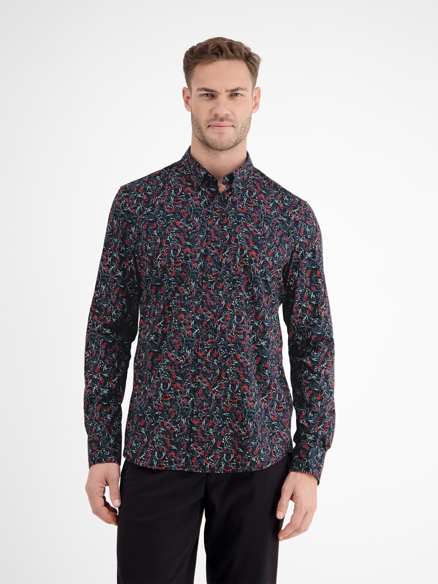 Langarmhemd LERROS "Floral-bedrucktes Herrenhemd mit Stretchanteil", Herren, Gr. 3XL, Normalgrössen, blau (classic navy), 97% Baumwolle, 3% Elasthan, Hemden Langarmhemd classic navy 3XL, Normalgrössen