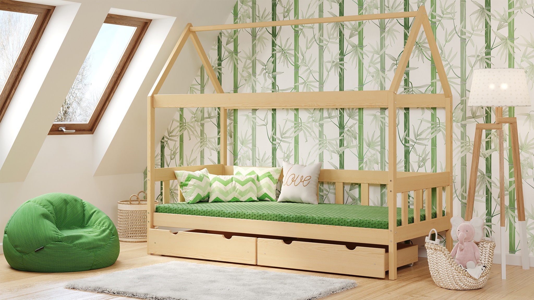 Hausbett, Einzelbett, Meble Wróbel, Hüttenbett Domek Skrzat, 80 x 160 cm, Höhe 175 cm, Naturbelassen