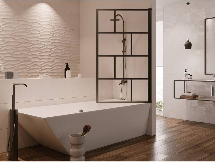 Duschtrennwand für die Badewanne – 90 x 140 cm – Glas – Schwarz matt – RIVANON