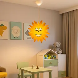 Pendelleuchte Kinderzimmer Sonne Hängeleuchte Sonne Kinderleuchte Hängelampe, Fernbedienung dimmbar, Holz gelb, 1x LED 3,5W 320Lm warmweiß, DxH 38x110 cm