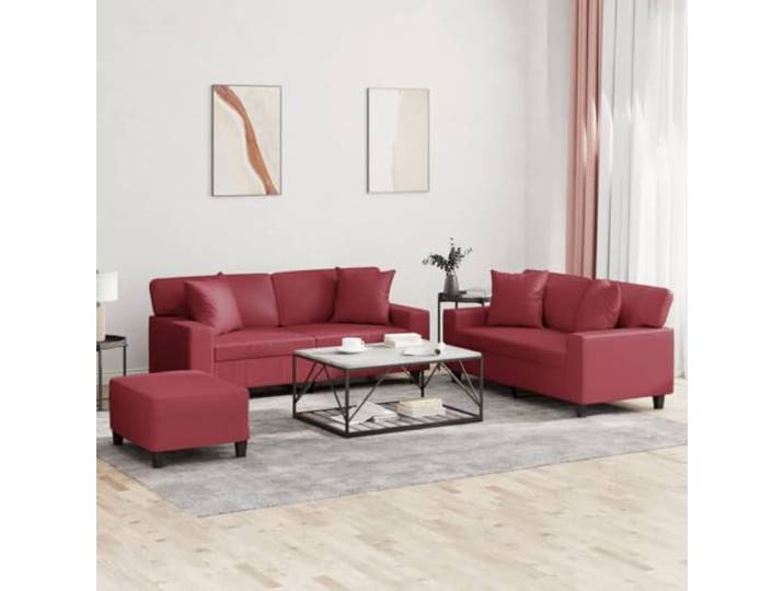 3-tlg. Sofagarnitur mit Kissen Weinrot Kunstleder Inkl. Zierkissen,Metallgestell,schmutzabweisend,max. 110 kg pro Sitz