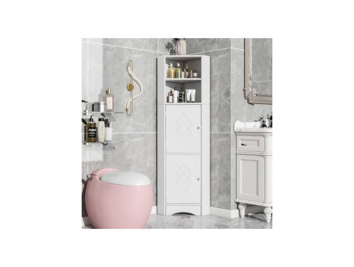 Meuble de salle de bain d'angle avec deux compartiments de rangement compartiment ouvert avec étagère réglable blanc