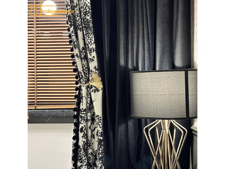 Rideaux occultants épais en tissu cachemire noir avec surpiqûres jacquard pour salon, chambre, balcon, fenêtre française, sur mesure