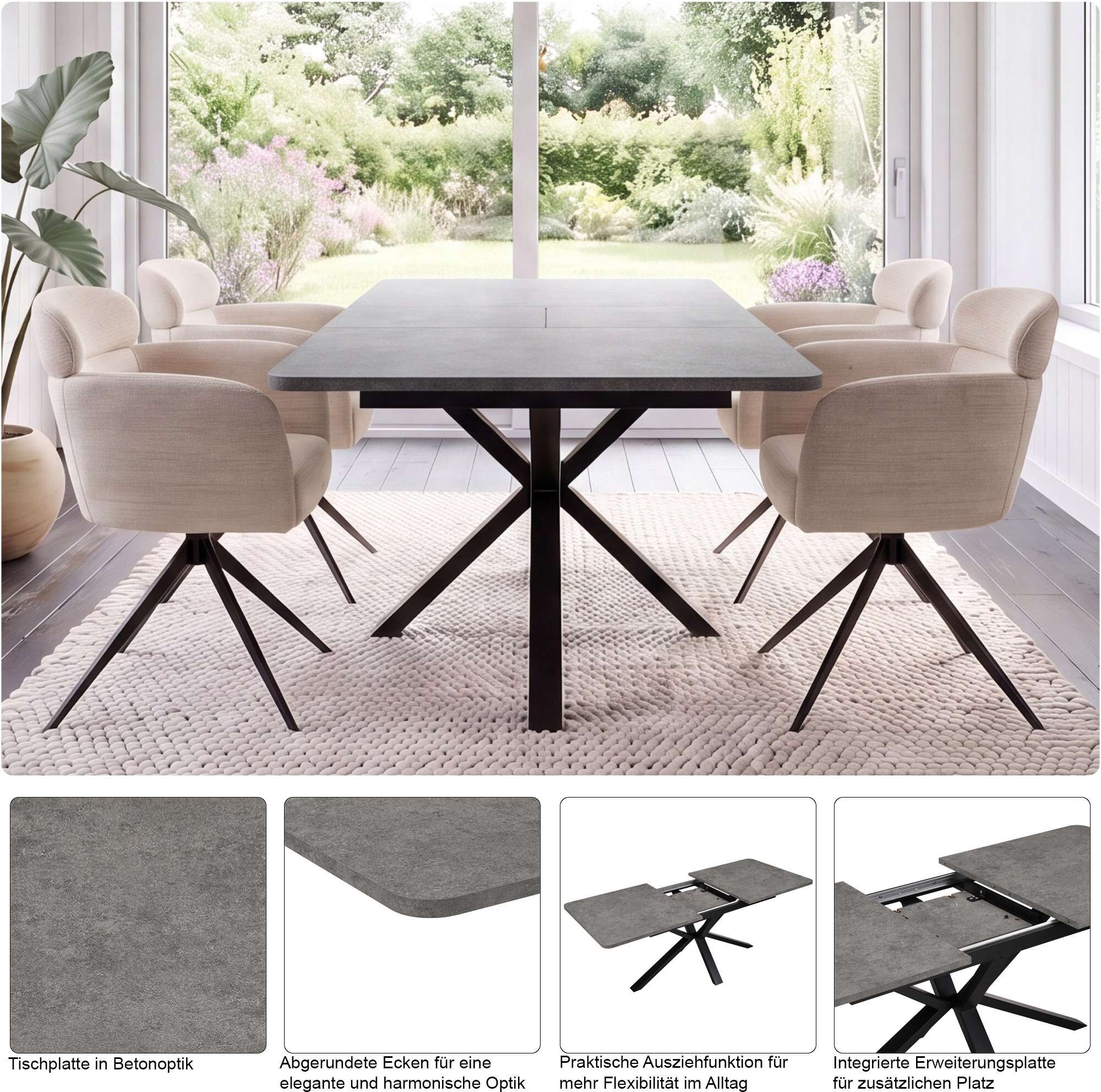 Esstisch GOODPRODUCT "Secchia", grau (zement farb., schwarz, zement farb.), B:160cm H:76cm T:90cm, Tische, Esstisch, ausziehbar 160-200 cm, Synchronauszug, inkl Einlegeplatte, Breite 90cm zement farb., schwarz, zement farb. B/H/T: 160cm x 76cm x 90cm, Mit