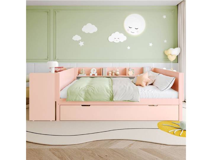 Lit combiné 140x200cm rose - lit double avec bureau tiroir caché et 3 étagères