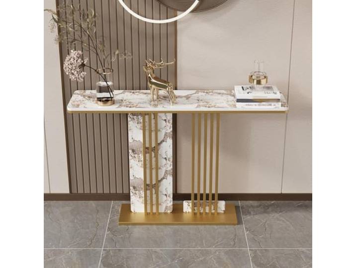 Luxuriöser halbmondförmiger Konsolentisch mit einzigartigen Metallbeinen Rechteckiger Sofatisch mit Schieferplatte, moderner Konsolentisch für Flur und Eingangsbereich(Gold A,150cm/59IN)