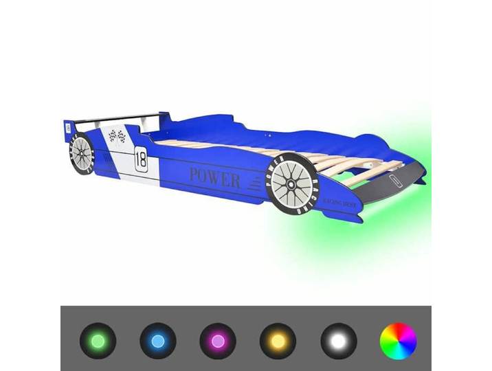 SALE 2026 Lit Jeune tout-petit Bleu - Structure de lit pour Fille/Garçon - Lit voiture de course pour enfants avec LED 90x200cm Ble