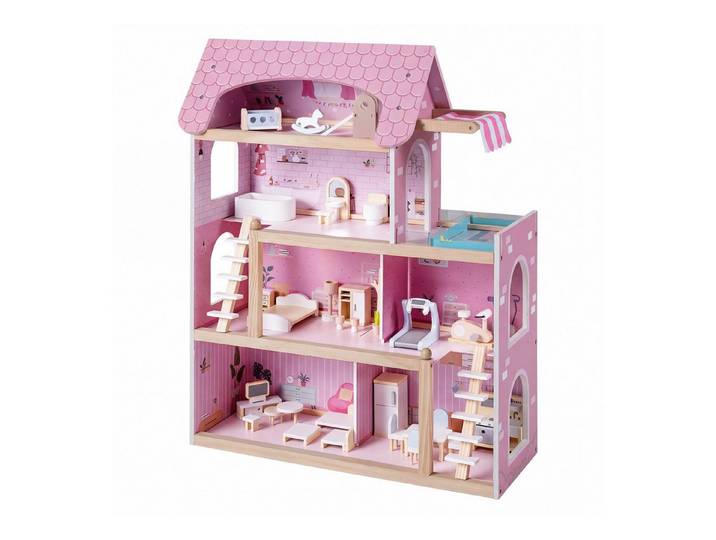 COSTWAY Puppenhaus, Holz, Kinder Dollhouse mit 33 Möbelstücken ab 3 Jahren