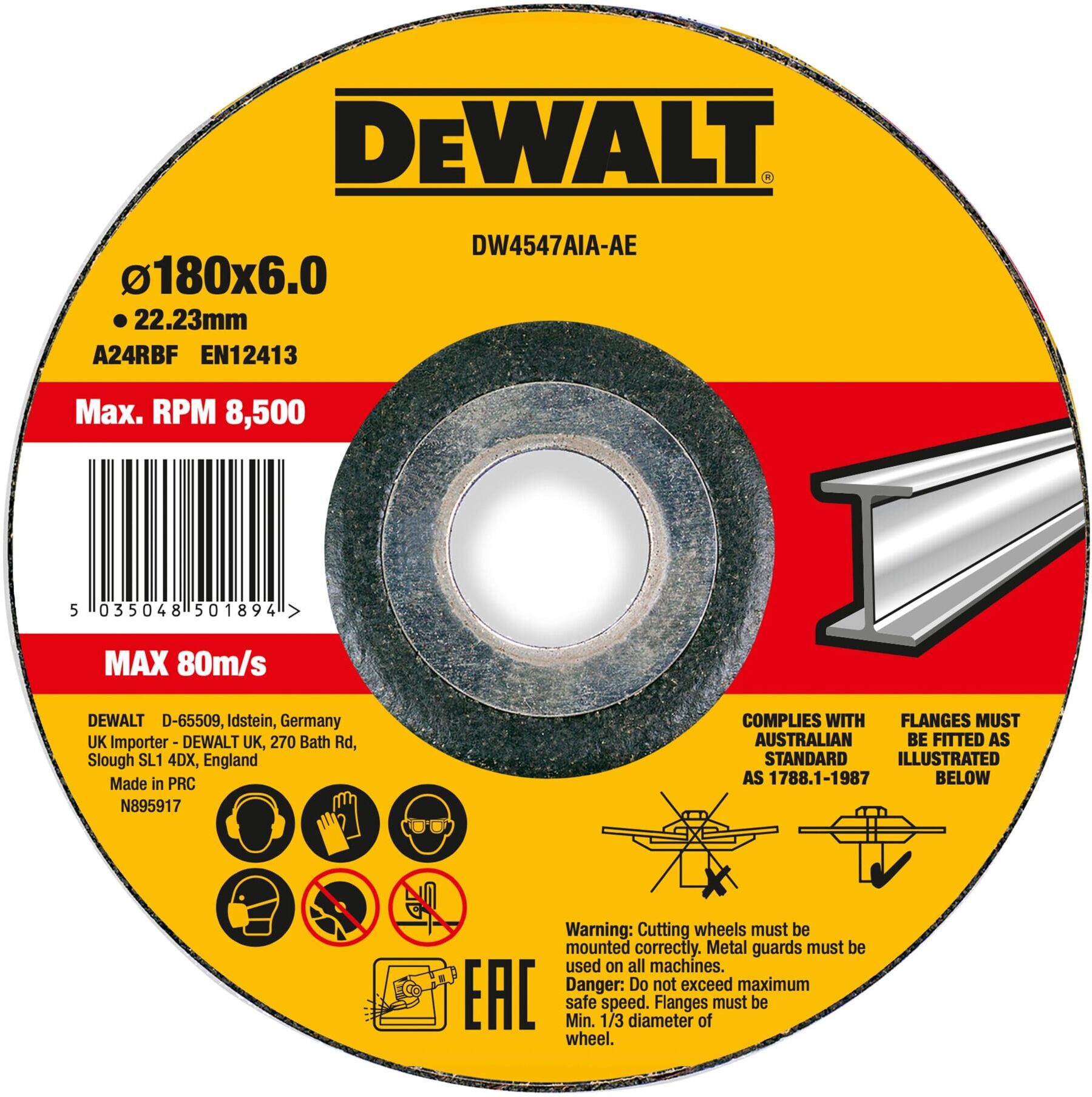 DEWALT High Performance Schruppscheibe 180x6x22,23mm Metall Typ 42 (gekröpft) DW4547AIA-AE)