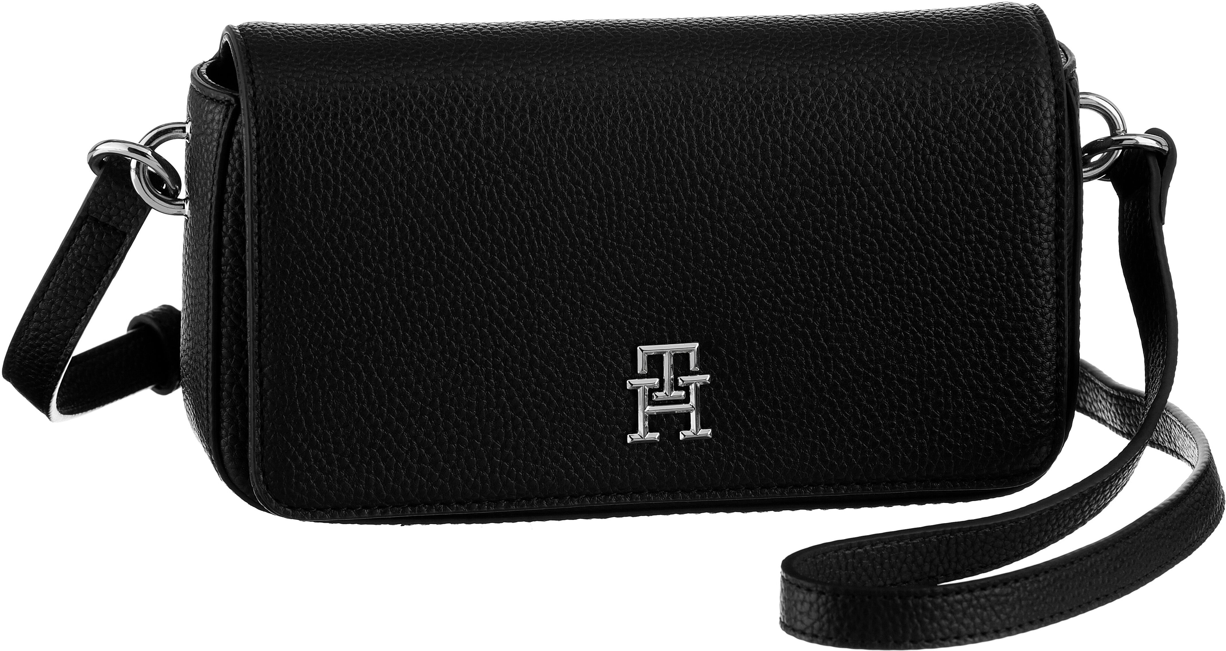 Umhängetasche TOMMY HILFIGER "TH EMBLEM FLAP CROSSOVER", Damen, Gr. B/H/T: 21,5cm x 12,5cm x 5cm, schwarz (bds schwarz), Polyurethan, Strukturmuster, unifarben, Taschen Umhängetasche, mit TH-Emblem vorne bds schwarz B/H/T: 21,5cm x 12,5cm x 5cm