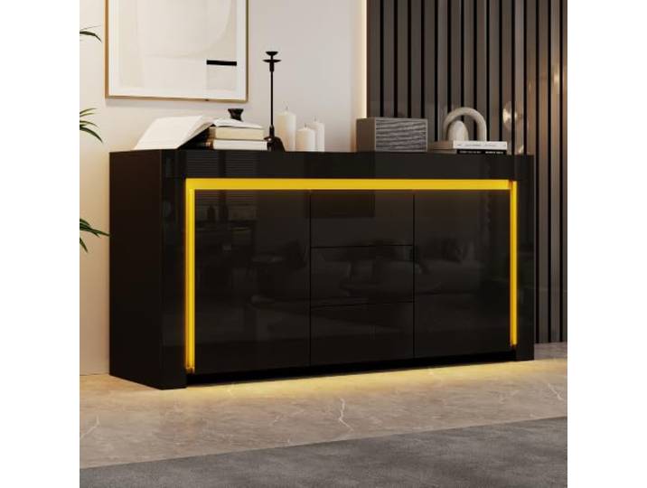 Merax Sideboard Hochglanz Schwarz mit LED, Kommode mit 2 Türen, 3 Schubladen, Modern Anrichte Buffetschrank Mehrzweckschrank, Beistellschrank Flurschrank Küchenschrank für Wohnzimmer, Esszimmer, 140cm