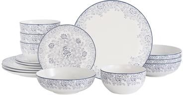 Lorren Home Trends Blue Floral Bone China Dinnerware Set, White, Service for 4, 16 Piece