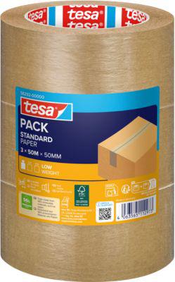 tesa® Packband Paper Standard, robust, 3 Rollen mit jeweils L 50 m x B 50 mm, FSC®-Papier & Naturkautschuk, braun