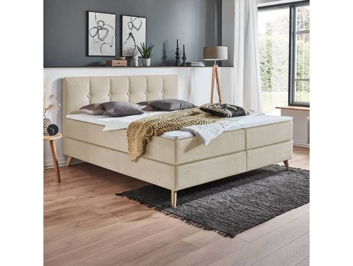HOMELIV. Boxspringbett Maliana Webstoff 160x200cm Bonellfederkern-Box Härtegrad: H3 Sand skandinavisch