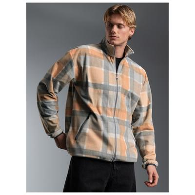 Fleecejacke TRIGEMA "TRIGEMA Fleece Jacke im Karo Design", Herren, Gr. M, beige (cool, grau), Fleece, 70% Polyester (recycelt), 30% Polyester, Jacken Fleecejacke