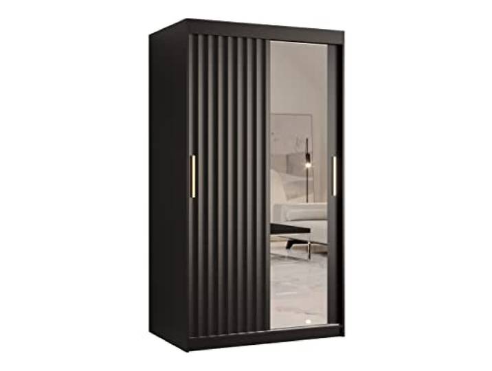 Mirjan24 Kleiderschrank Kirtan Wave II, Schwebetürenschrank mit 2 Kleiderstangen und Spiegel, Schiebetürenschrank, Garderobeschrank, Schlafzimmerschrank (Modell 100, Schwarz/Schwarz)