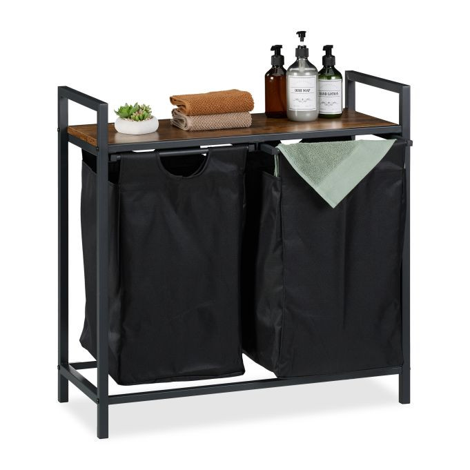 Relaxdays Dubbele wasmand met plank in zwart en bruin