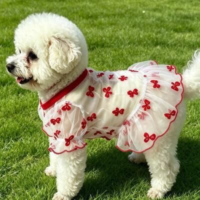 Fusion Finds Cute Dog Sun Protection Shirt With Bow Ruffle Mesh Skirt Breathable Summer Dog Clothes For Small Dogs red s