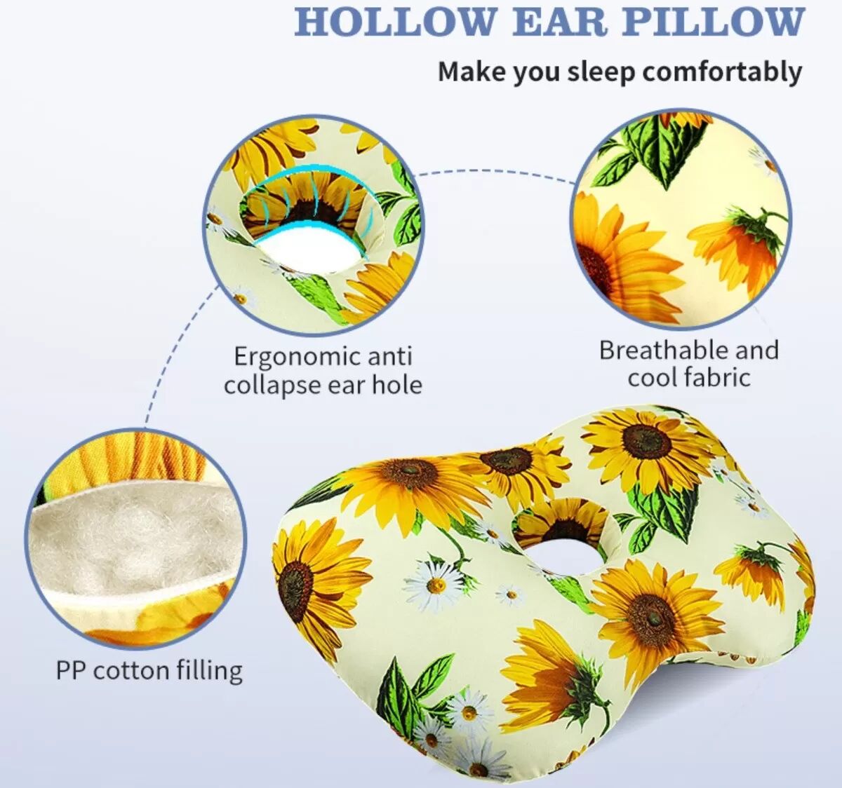 INF Sonnenblumen Ohrlochkissen: PP Baumwolle Slow Rebound Memory Foam für Seitenschläfer