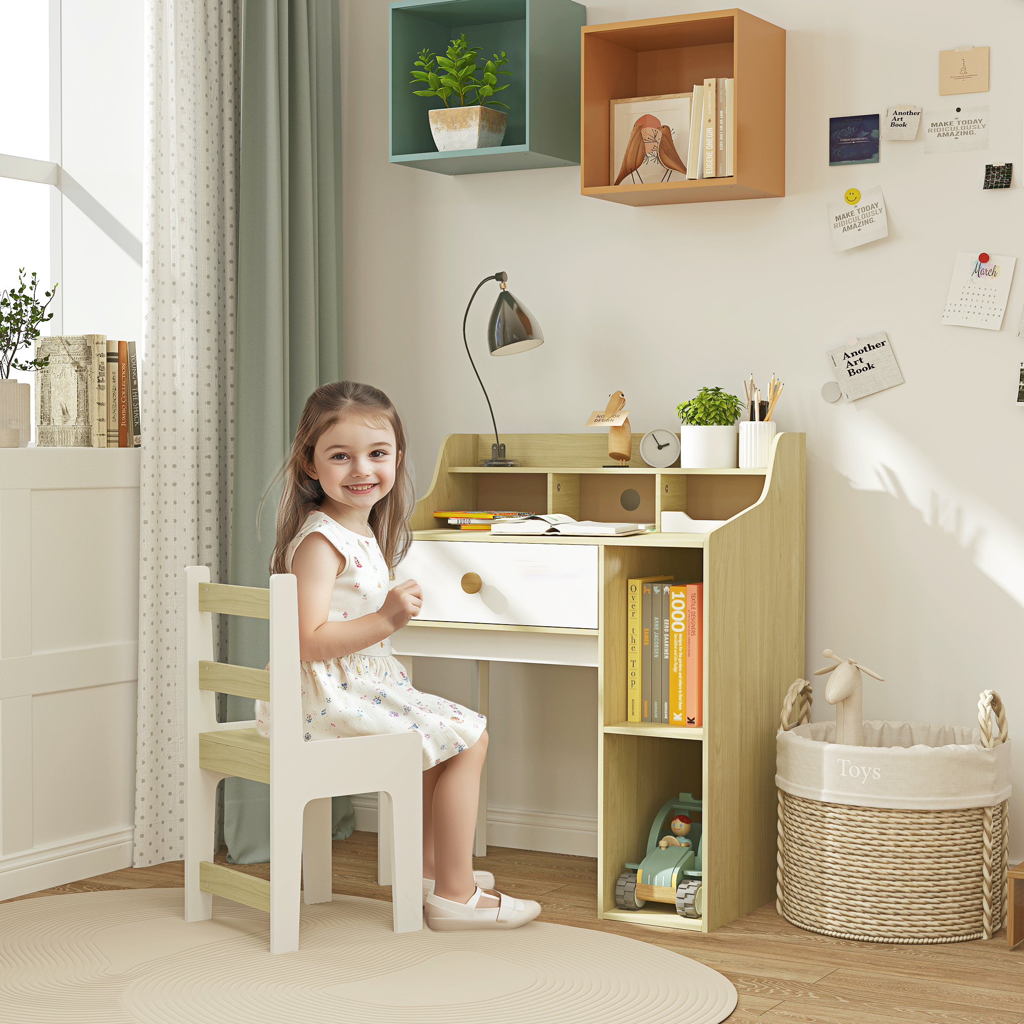 Aiyaplay Set Scrivania per Bambini e Sedia in Legno con Scaffale e Cassetto, Età 3-10 Anni, Bianco e Legno