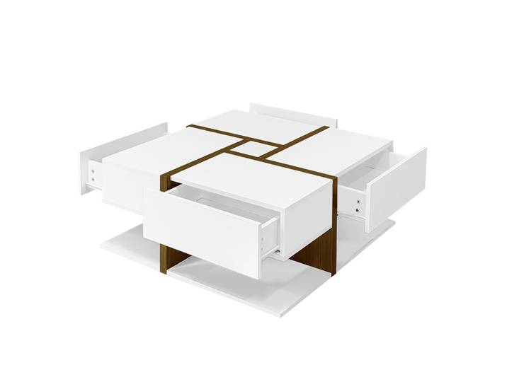 Table basse carrée blanche avec 4 tiroirs 78 x 78 x 34,8 cm