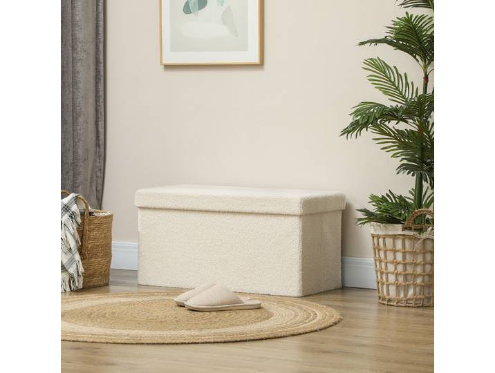 HOMCOM Banc Rangement 84L Peluche Teddy 76x38x38cm Crème