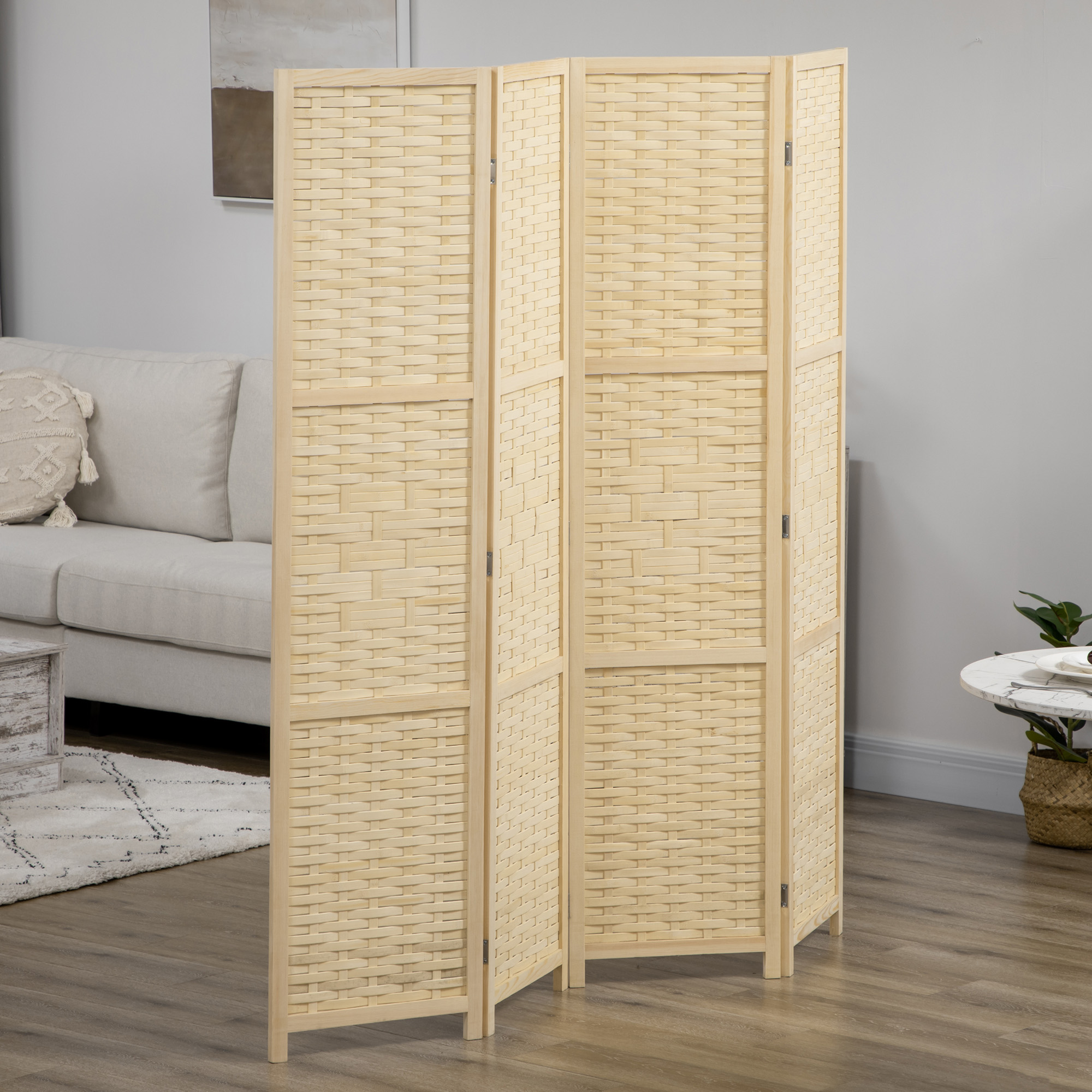 Homcom Paravento Separé da Interno a 4 Ante in Legno e Bambù, Pieghevole e Salvaspazio Altezza 170cm, Marrone Aosom
