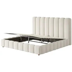 OKWISH Polsterbett Bouclé Weiß 160x200 cm, gewerblich geeignet, hydraulischer Stauraum, Lattenrost, Kopfteil, hohe Stabilität