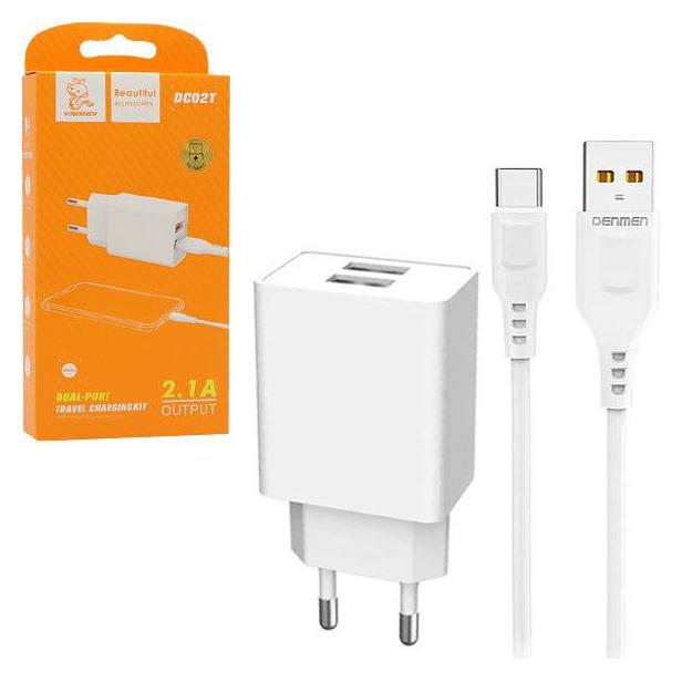 Vega WAND-LADEGERÄT 2.1A 10W WEISS DENMEN 2100mA 2xUSB DC02 + TYPE-C KABEL WEISS 1M (10 W, 2 Ports) (34084)