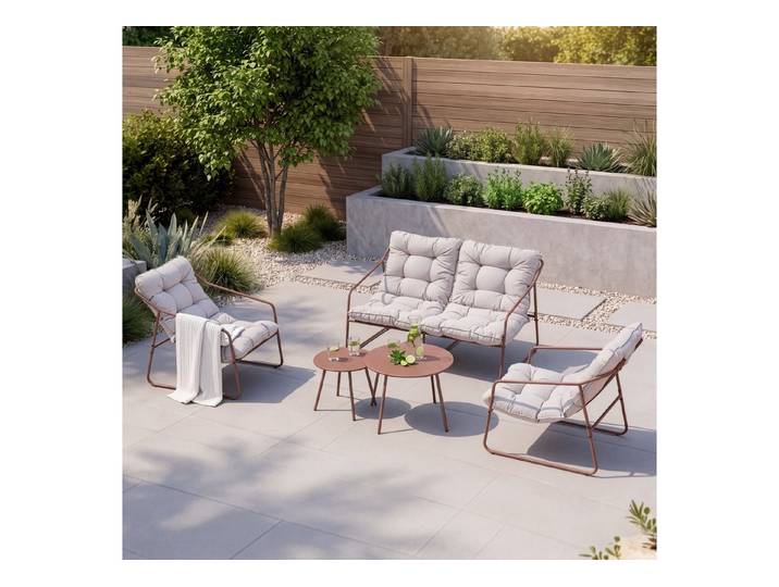 en.casa Sitzgruppe, (5-tlg), »Kivanta« Sitzbank Stühle mit Kissen Tische Stahl Rostfarben/Beige