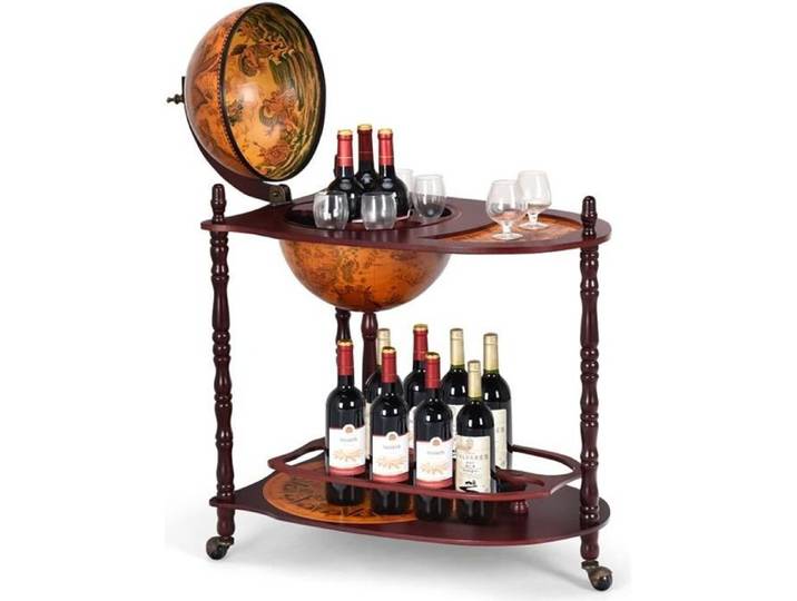 GIANTEX Bar Globe Terrestre en Bois d'Eucalyptus Porte-Bouteilles Mobile avec Roulettes et Couvercle Style Vintage Marron
