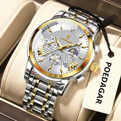 Youfap Market Men's Quartz Watches, Stainless Steel Chronograph, Original Military Waterproof Luminous Date Watch gold White