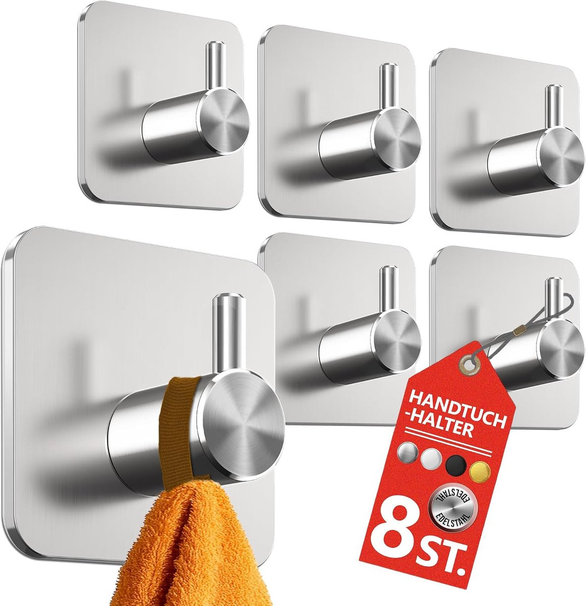 4smile Set van 8 Handdoekhaken voor badkamer en keuken - Roestvrij staal - Zonder boren