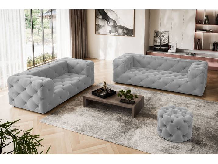 2-Sitzer HOME AFFAIRE FOLLINA , grau, B:193cm H:71cm T:100cm, 100% Polyester, Sofas, 2-Sitzer, 2-Sitzer Sofa mit klassischer Chesterfield-Knopfheftung