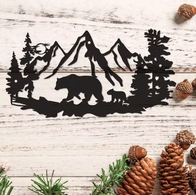 Inspire Picks Rustic Bear Metal Wall Decor Wildlife Cabin Lodge Wall Art With Pine Tree Design black