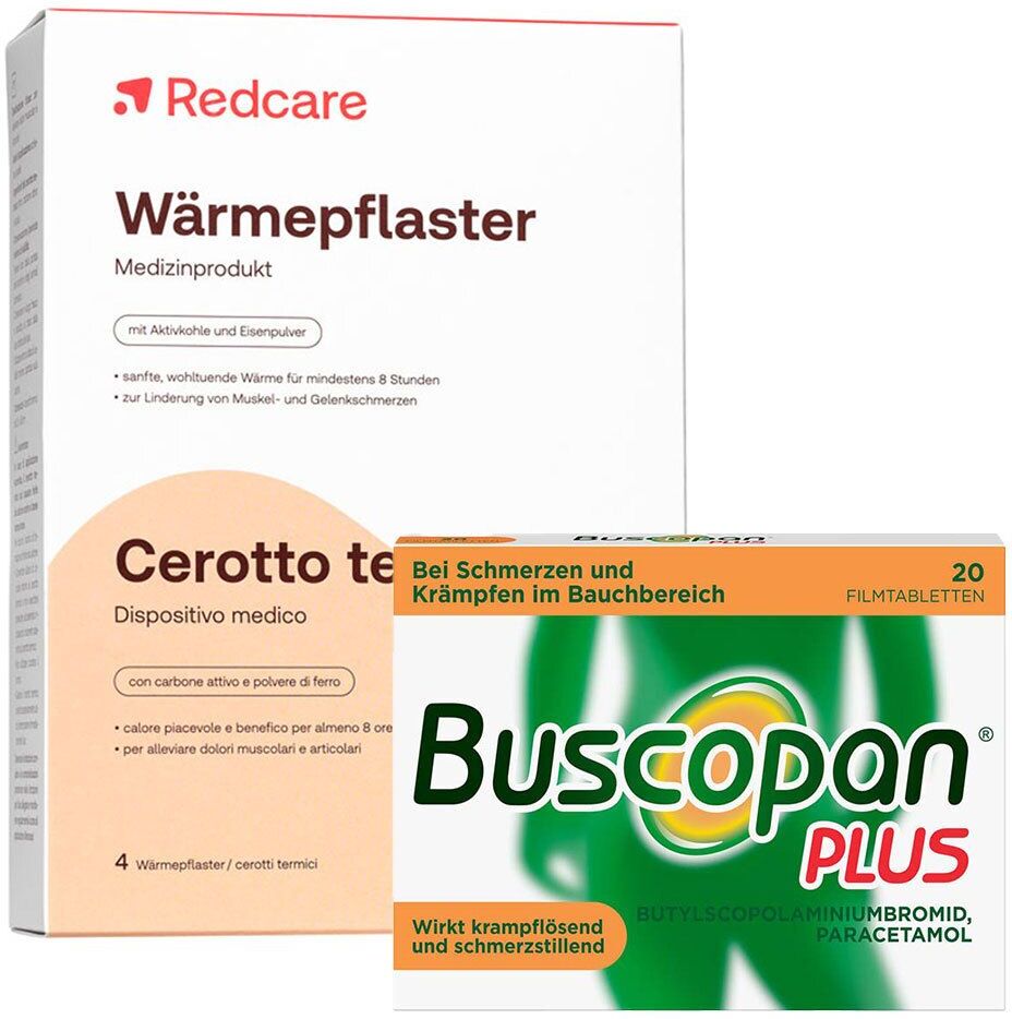 Redcare von Shop Apotheke Buscopan Plus bei Bauchschmerzen und Regelschmerzen + Redcare Wärmepflaster 20+4 St Set