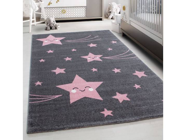 Teppium Tapis de Chambre pour Bébé et Enfant Joli motif étoile couleur rose et gris 160 cm Rond