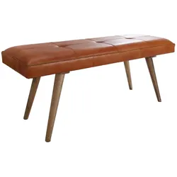 KADIMA DESIGN Sitzbank Ziegenleder / Massivholz Bank 117x51x38 cm im Retro Stil, 2er Polsterbank Flur, Gepolsterte Lederbank Esszimmer Braun, Kleine Bettbank