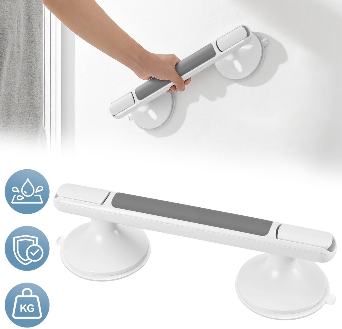 Antislip Douche Handgreep met Zuignap voor Badkamer en Toilet, Grijs of Wit, Breedte: 10.0 cm