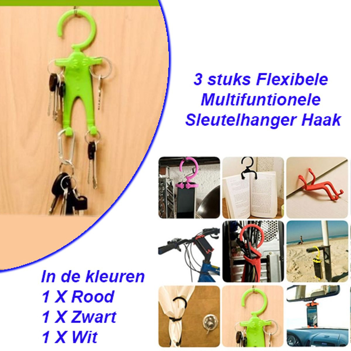 Set van 3 multifunctionele flexibele sleutelhanger haken